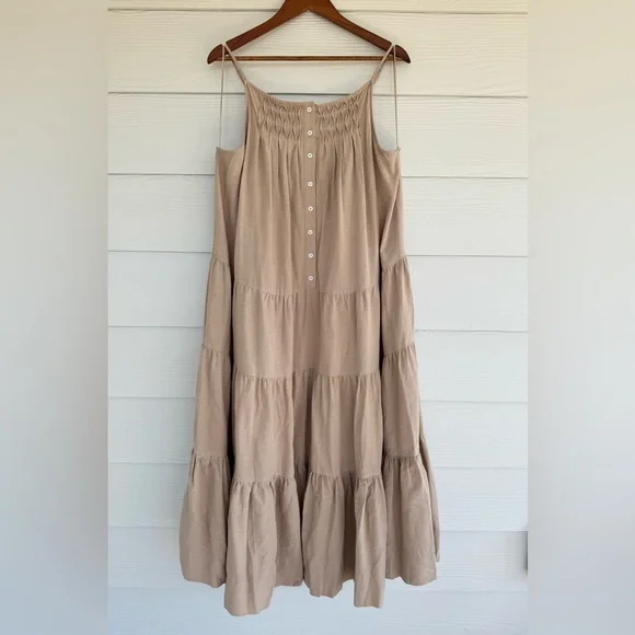 Elie Tahari Tiered Midi Dress Beige Pale Clay Button Front Side Pockets XL  NWT